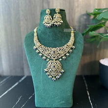 Load image into Gallery viewer, Golden Purple Peacock Kundan Polki Temple ethnic Necklace set