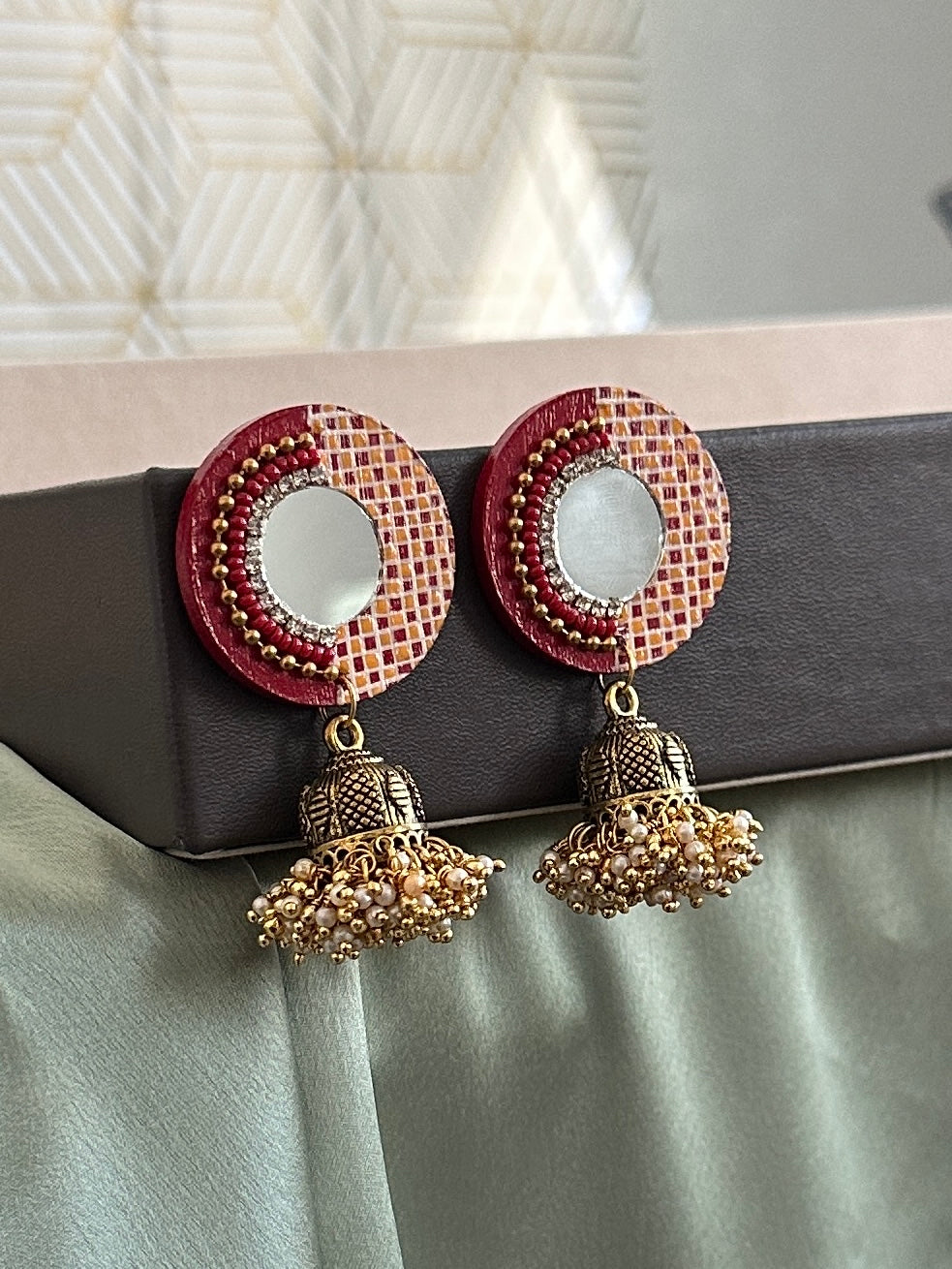 Handmade Mirror  handpainted wooden Jhumka earrings