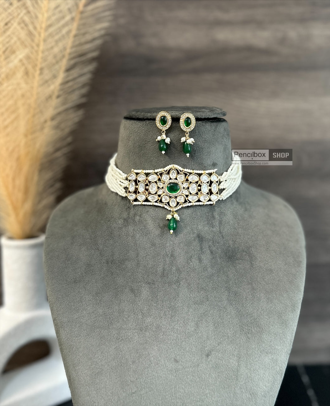 Green-22k Gold plated Tayani Choker Premium Statement Necklace set Zara