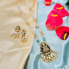 Load image into Gallery viewer, Lakshmi ji Kundan Kemp Stone pearl Medium Length temple jewelry Pendant set