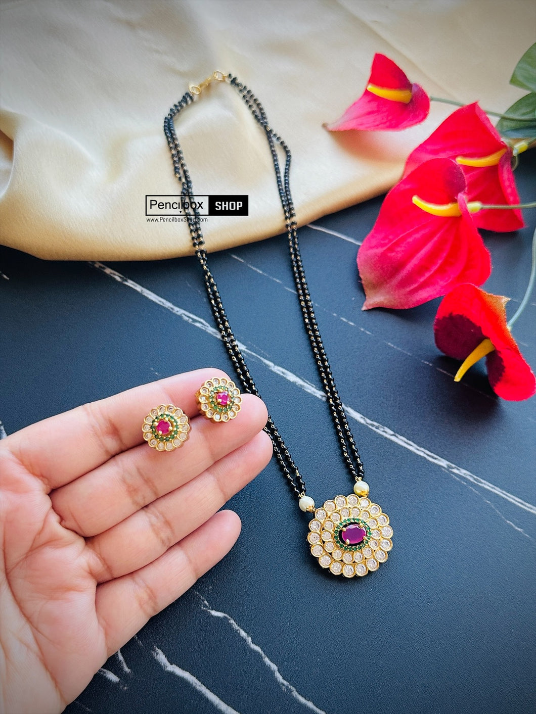 Multicolor Kemp stone cz double chain Black beads Mangalsutra Necklace set