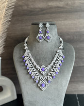 Load image into Gallery viewer, Purple Double layered designer Silver Finish American Diamond Necklace set