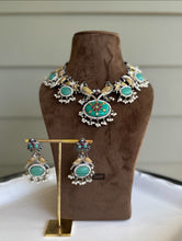 Load image into Gallery viewer, German silver Dual Tone peacock big stone statement necklace set