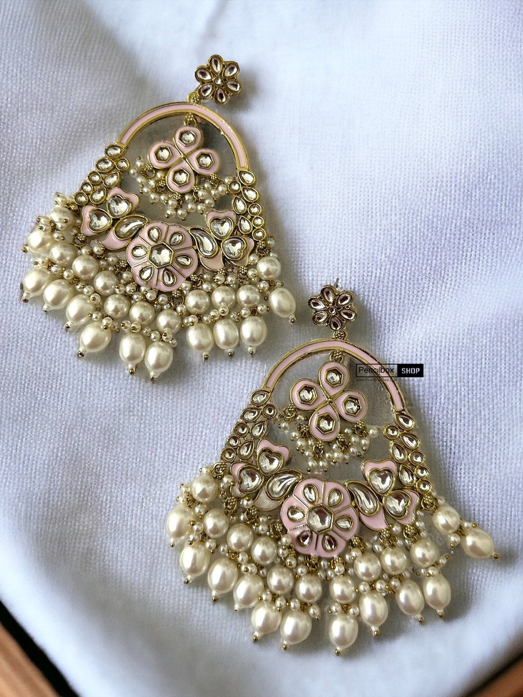Golden Kundan Meenakari Pearl Long Ethnic Chandbali earrings