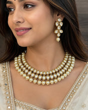Load image into Gallery viewer, White double layered pearl drop Kundan back side Meenakari necklace set