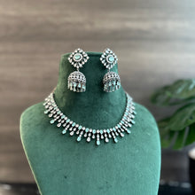 Load image into Gallery viewer, Mint Victorian American Diamond Necklace set with jhumkas and maangtikka