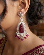 Load image into Gallery viewer, Ruby Carved Stone American Diamond Silver Statement Designer Earrings