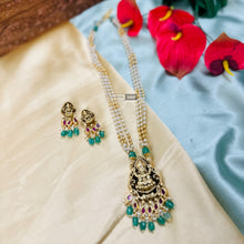 Load image into Gallery viewer, Lakshmi ji Kundan Kemp Stone pearl Medium Length temple jewelry Pendant set