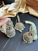 Load image into Gallery viewer, Multicolor Big Jumbo Bahubali pearl jhumki earrings with maangtikka