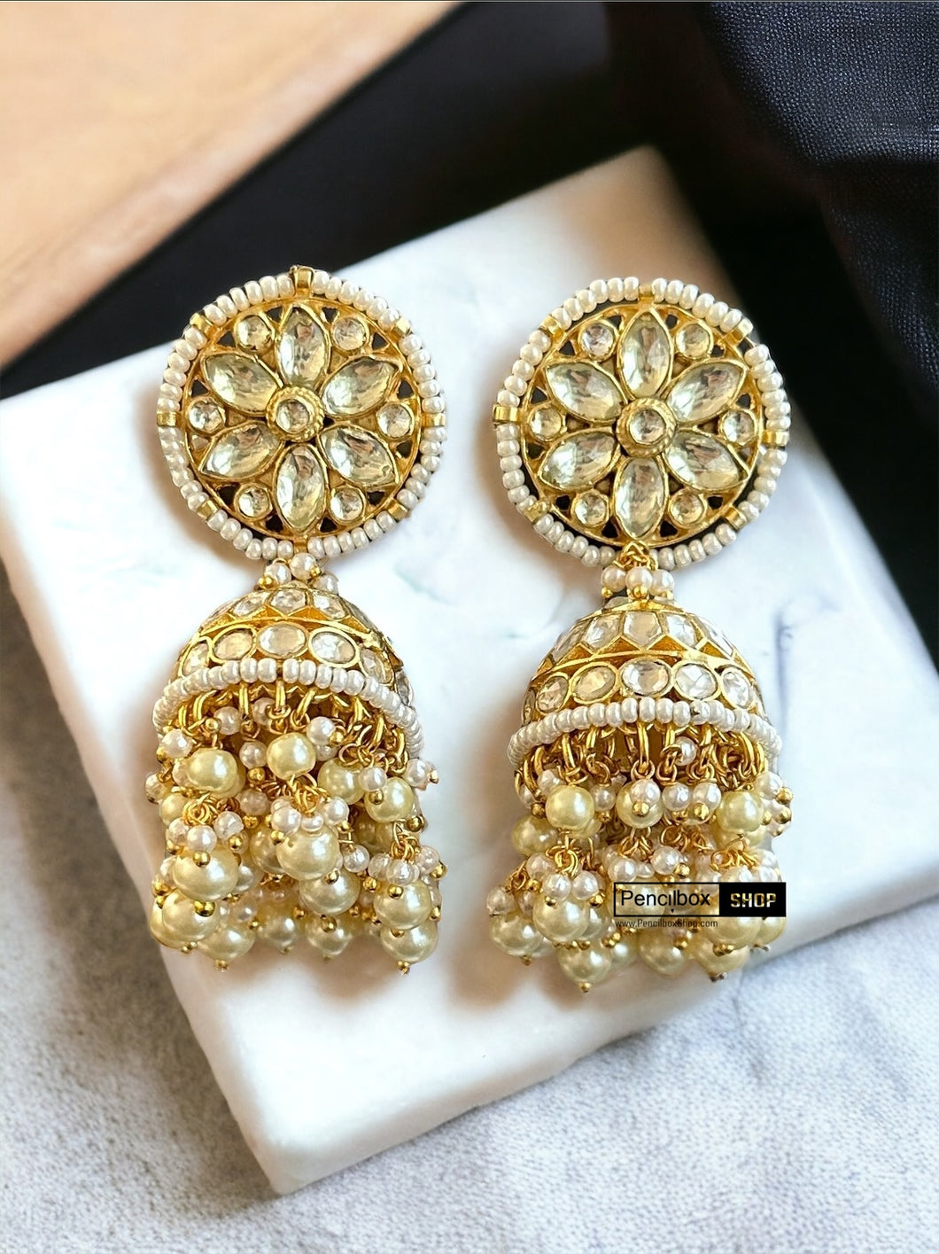 Pachi Kundan Brass White Flower Jhumka Designer Earrings