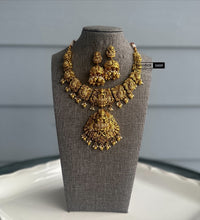 Load image into Gallery viewer, Golden Exclusive Lakshmi ji cz kemp stone Necklace set Temple Jewelry