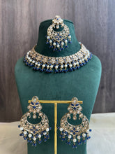 Load image into Gallery viewer, Aarohi Royal Blue Golden Polki Necklace Set with maangtikka