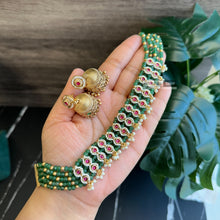 Load image into Gallery viewer, Golden pearl Green mint Temple Choker Necklace set