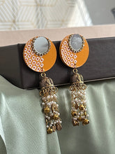 Load image into Gallery viewer, Long Handmade Mirror handpainted wooden Jhumka earrings
