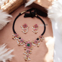 Load image into Gallery viewer, Black Thread Kemp Stone Rice Pearl Temple Ethnic Necklace set