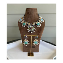 Load image into Gallery viewer, German silver Dual Tone peacock big stone statement necklace set