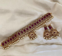 Load image into Gallery viewer, Ruby golden cz kemp stone Choker Necklace set Temple Jewelry