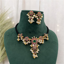 Load image into Gallery viewer, Black Thread Kemp Stone Rice Pearl Temple Ethnic Necklace set