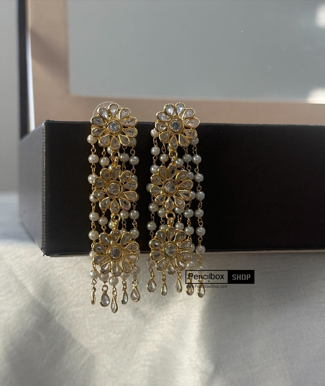 14k Gold plated Flower White Pearl Temple earrings
