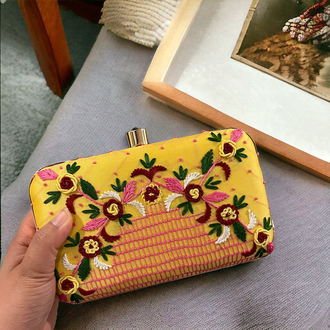 Yellow Embroidery Ethnic clutch for women with chain