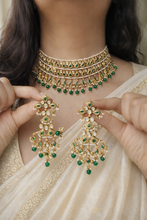 Load image into Gallery viewer, Green Premium Pearl Silver foiled Tassel Statement choker Temple Necklace set