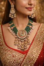 Load image into Gallery viewer, Green Peacock Pearl Ruby Green Multicolor Rajwadi Premium Necklace set