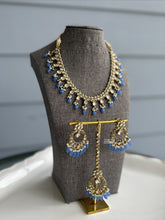 Load image into Gallery viewer, Radhs Light Blue Golden Kundan Polki Necklace Set with Maangtikka
