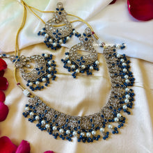 Load image into Gallery viewer, Aarohi Royal Blue Golden Polki Necklace Set with maangtikka