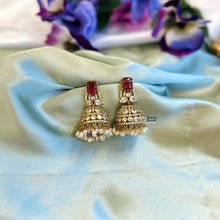 Load image into Gallery viewer, Golden Ruby Cz Medium size Jhumka earrings