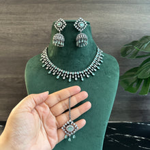 Load image into Gallery viewer, Mint Victorian American Diamond Necklace set with jhumkas and maangtikka