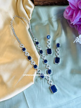 Load image into Gallery viewer, Tara-American Diamond Royal Blue Silver Finish Long Designer Necklace set