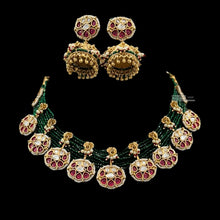 Load image into Gallery viewer, Green ruby Pearl beaded Crystal Mala ethnic temple necklace set