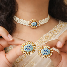 Load image into Gallery viewer, Tayani Gold plated Premium Enamel Blue Choker Necklace set