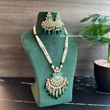 Load image into Gallery viewer, 22k gold plated Green Enamel meena work Pearl Long Tayani Necklace set