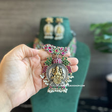 Load image into Gallery viewer, German Silver Lakshmi ji ruby green layered Statement Necklace set