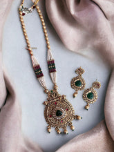 Load image into Gallery viewer, Multicolor Long kundan carved haram Necklace set templejewelry