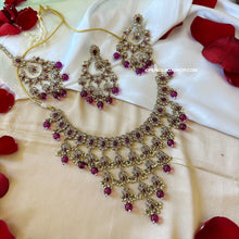 Load image into Gallery viewer, Statement Grand Purple Tassel Drop Necklace set with maangtikka