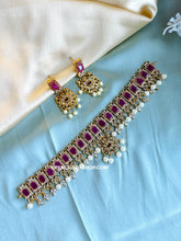 Load image into Gallery viewer, Ruby golden cz kemp stone Choker Necklace set Temple Jewelry