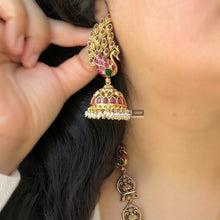 Load image into Gallery viewer, Krishna ji Kemp Stone peacock Statement long Temple Necklace set