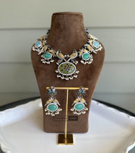 Load image into Gallery viewer, German silver Dual Tone peacock big stone statement necklace set