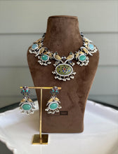 Load image into Gallery viewer, German silver Dual Tone peacock big stone statement necklace set