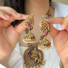 Load image into Gallery viewer, Krishna ji Kemp Stone peacock Statement long Temple Necklace set