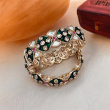 Load image into Gallery viewer, Set of 2 Bangles Green Ruby Enamel Tayani Stone gold finish