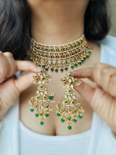 Load image into Gallery viewer, Green Premium Pearl Silver foiled Tassel Statement choker Temple Necklace set