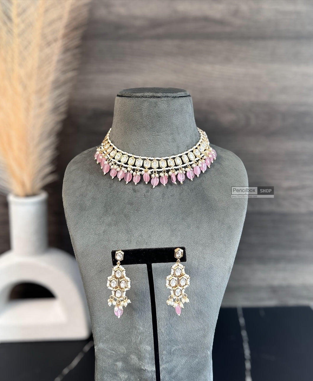 Ishika Pink 22k gold plated Tayani Beads Choker Necklace set
