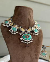 Load image into Gallery viewer, German silver Dual Tone peacock big stone statement necklace set