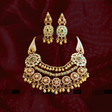 Load image into Gallery viewer, Rajwadi Layered Pearl Ruby Green Necklace Temple Set