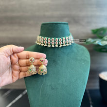 Load image into Gallery viewer, Golden pearl Green mint Temple Choker Necklace set
