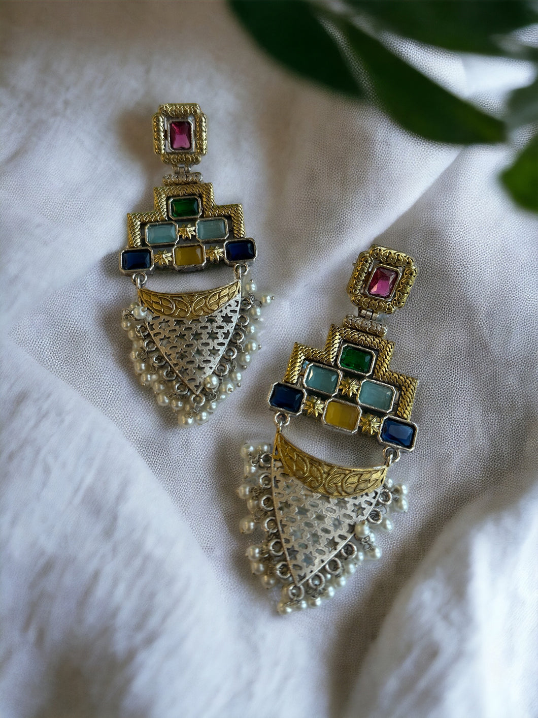 German silver Multicolor Stone Pearl Earrings