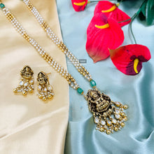 Load image into Gallery viewer, Lakshmi ji Kundan Kemp Stone pearl Medium Length temple jewelry Pendant set